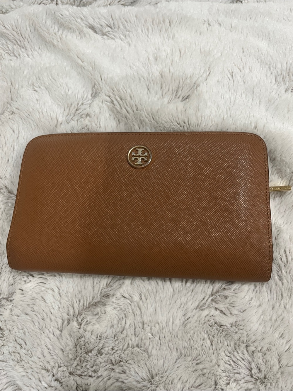 Tory Burch Tan Saffiano Zip-Around Wallet with Gold Logo